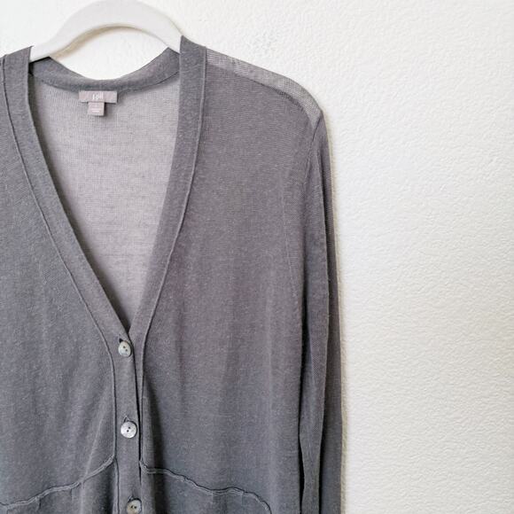 [J. Jill] Gray Linen Blend Tiered Ruffle Peplum V-Neck Cardigan Sweater Sz Large - Picture 6 of 10